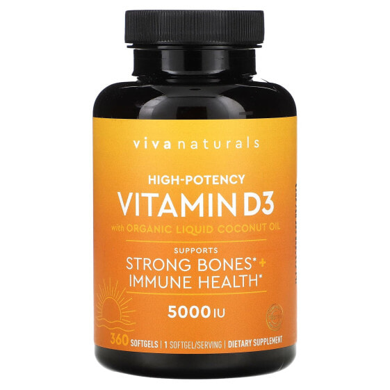 Витамины Viva Naturals Vitamin D3 с органическим жидким кокосовым маслом, высокая доза, 5000 МЕ, 360 капсул