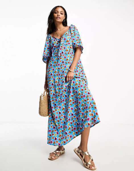 Influence tie front midi dress in blue mutli floral print