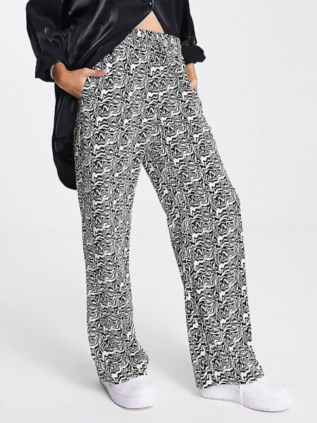 Monki straight leg drawstring trousers in black and white swirl