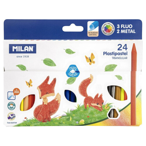 MILAN Box 24 Triangular Plastipastel (Contains 3 Fluo And 2 Metal Colours)