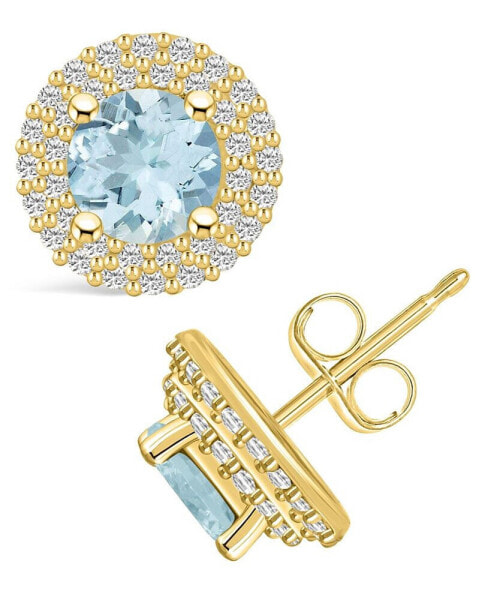 Aquamarine (1-1/2 ct. t.w.) and Diamond (1/2 ct. t.w.) Halo Stud Earrings in 14K Yellow Gold