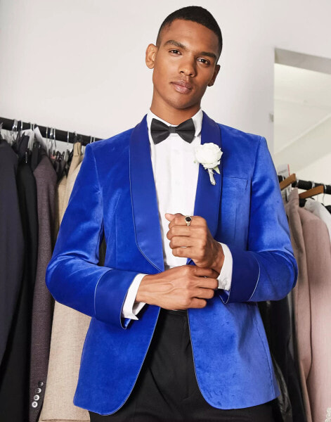 Noak skinny cotton velvet dinner jacket in blue