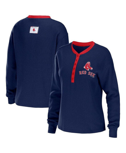 Women's Navy Boston Red Sox Waffle Henley Long Sleeve T-shirt