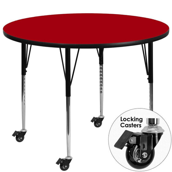Mobile 48'' Round Red Thermal Laminate Activity Table - Standard Height Adjustable Legs
