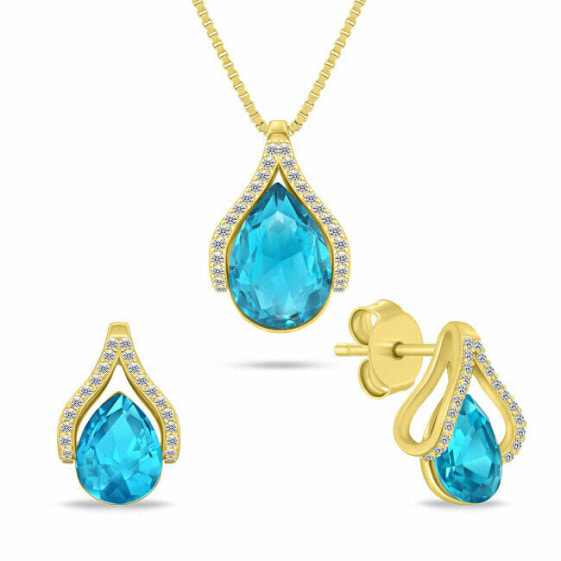 Decent Gold Plated Jewelry Set with Turquoise Zircons SET261YAQ (Earrings, Necklace)