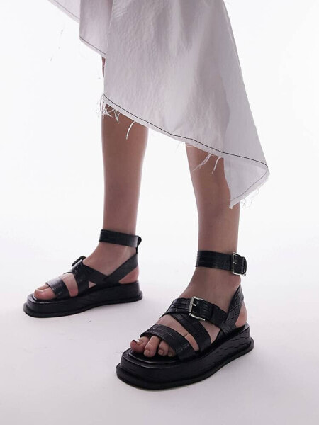 	Topshop Jax leather chunky flat sandal with buckle in black