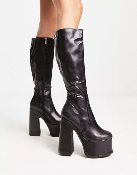 Shellys London – Corrs – Kniehohe Stretch-Stiefel in Schwarz mit Plateausohle