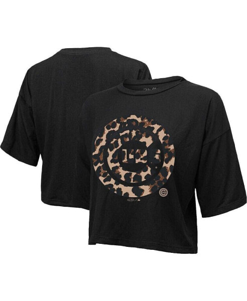 Women's Threads Black Chicago Cubs Leopard Cropped T-shirt