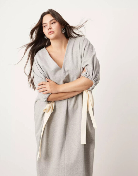 ASOS EDITION Curve jersey v neck oversized jumper dress with contrast tie detail in grey