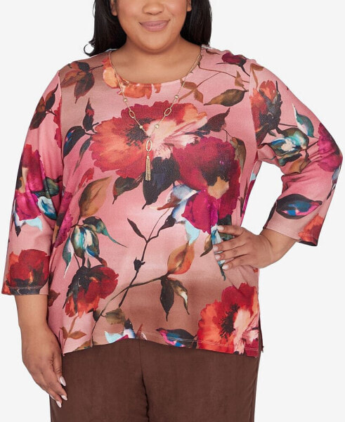 Plus Size Wine Country Dramatic Floral Crew Neck Top With Necklace