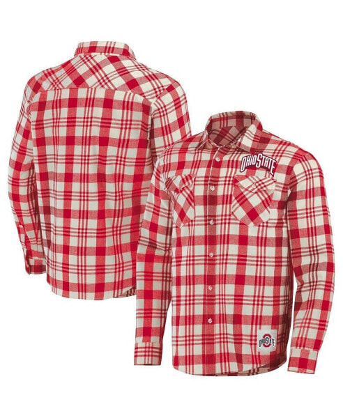 Men's Darius Rucker Collection by Scarlet, Natural Ohio State Buckeyes Plaid Flannel Long Sleeve Button-Up Shirt