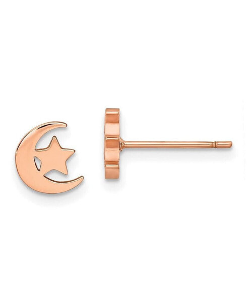 Stainless Steel Polished Rose IP-plated Moon and Star Earrings