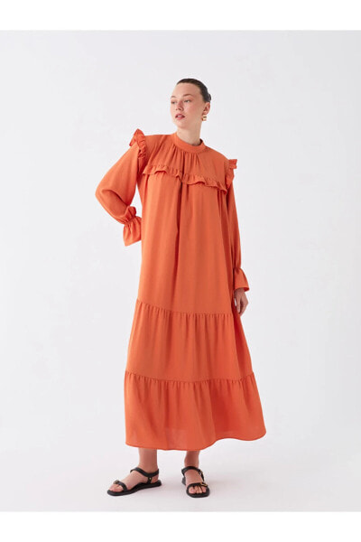 Dik Yaka Düz Uzun Kollu Oversize Kadın Elbise