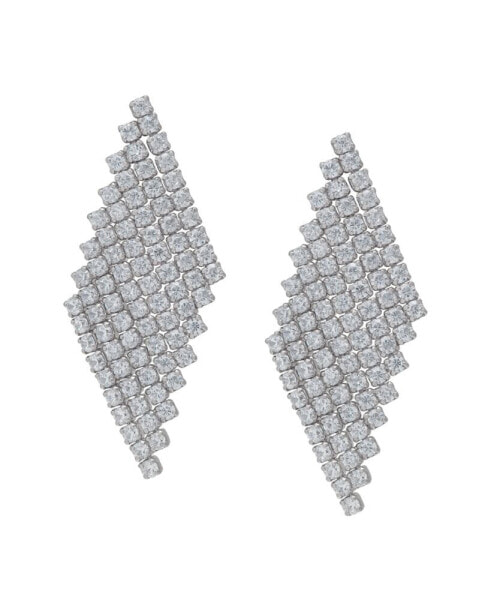 Fine Silver Plated Cubic Zirconia Dangling Diamond-Shaped Post Earrings