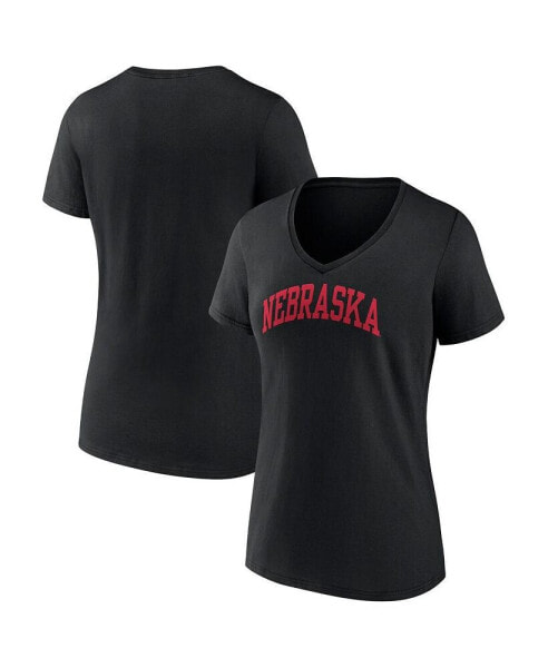 Women's Black Nebraska Huskers Basic Arch V-Neck T-shirt