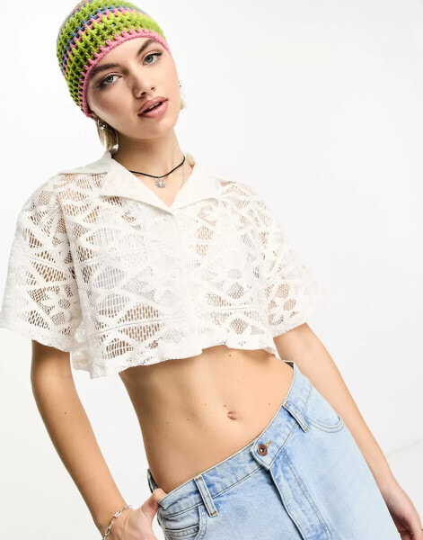 COLLUSION lace cropped beach shirt co ord in optic white