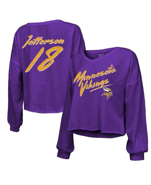 Women's Threads Justin Jefferson Purple Distressed Minnesota Vikings Name and Number Off-Shoulder Script Cropped Long Sleeve V-Neck T-shirt