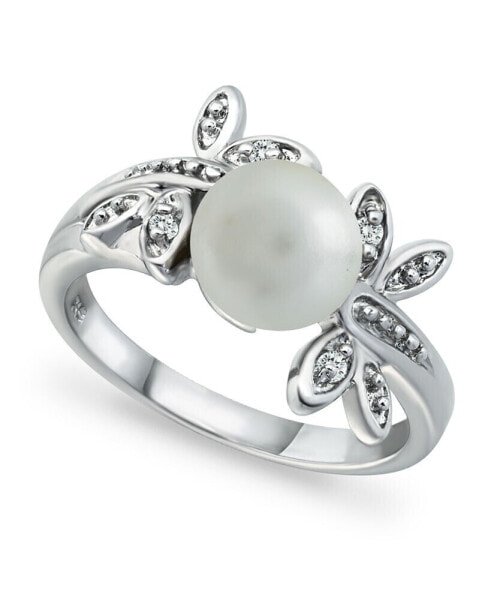 Imitation Pearl Cubic Zirconia Dragonfly Ring in Silver Plate