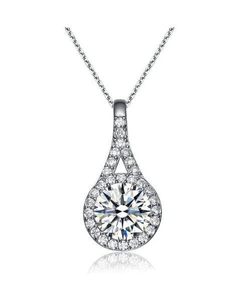 Sterling Silver with Haloed Clear Round Cubic Zirconia Solitaire with a Split Bail Necklace