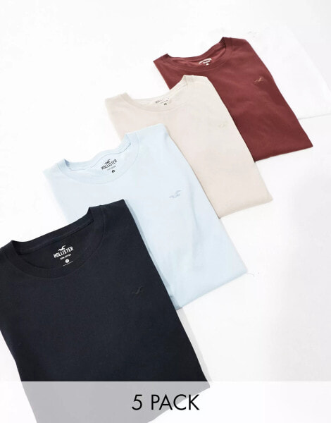 Hollister 5 pack icon logo t-shirt in white/black/tan/blue/burgundy