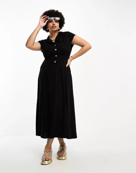 ASOS DESIGN Curve linen cap sleeve shirt midi dress with pin tucks in black