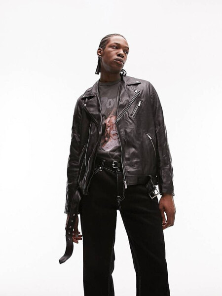 Topman real leather biker jacket in black