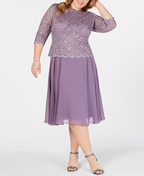 Plus Size Sequined Lace A-Line Dress