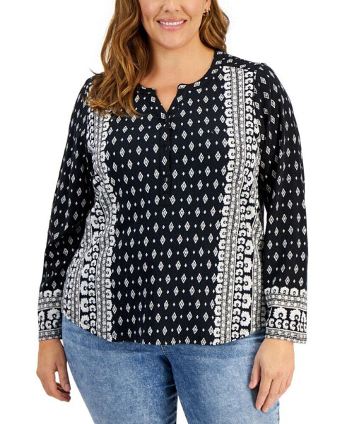 Plus Size Printed Split-Neck Top, Created for Macy's