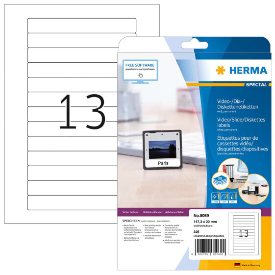 HERMA Video labels A4 147.3x20 mm white paper matt 325 pcs. - White - Self-adhesive printer label - A4 - Paper - Laser/Inkjet - Permanent