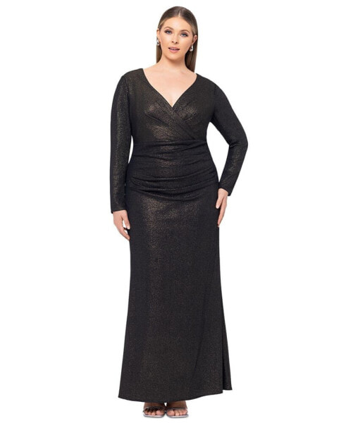 Plus Size Ruched Foil-Knit Long-Sleeve Gown