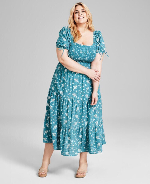 Trendy Plus Size Printed Puff-Sleeve Tiered Maxi Dress, Created for Macy's