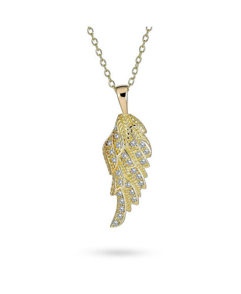 Religious Spiritual CZ Pave Accent Feather Guardian Angel Wing Pendant Necklace For Women Teen .925 Sterling Silver