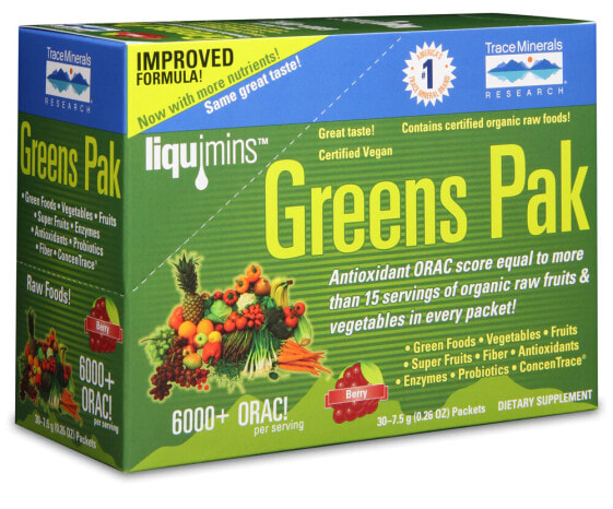 Trace Minerals Research Greens Pak Berry пищевая добавка с пробиотиком для диетического питания - 30 пакетов