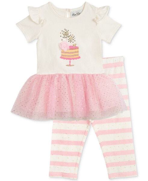 Baby Girls Birthday Cake Tutu Top and Striped Leggings, 2 Piece Set