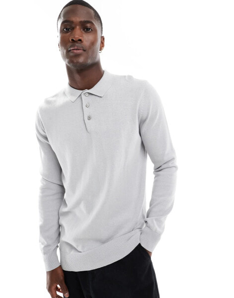 Brave Soul long sleeve knitted polo in light grey