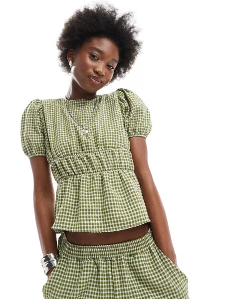 Reclaimed Vintage puff sleeve top co-ord in green gingham