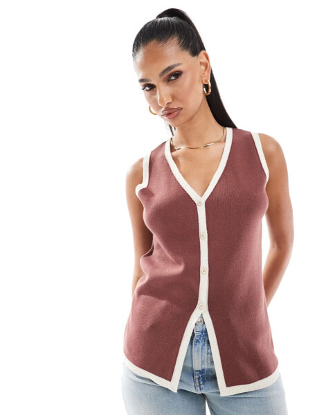 ASOS DESIGN knitted longline v waistcoat in chocolate