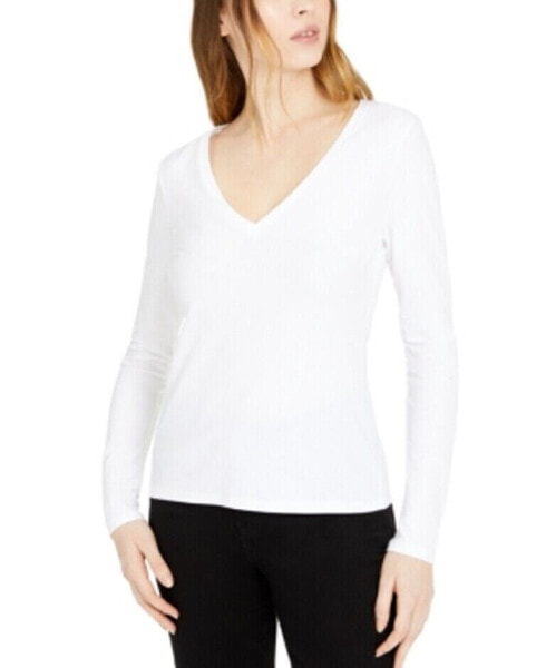 Inc Cotton V Neck Long Sleeve Top Bright White S