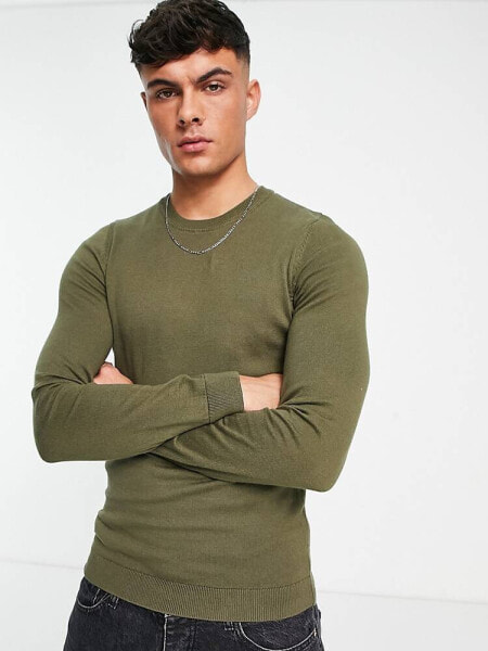 New Look muscle fit knitted jumper in dark khaki