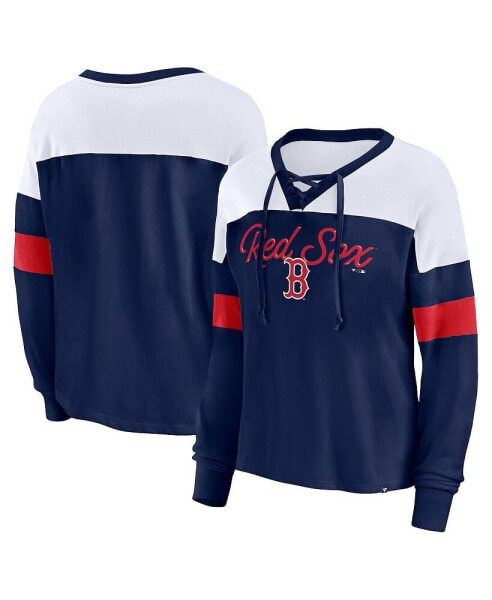 Women's Navy, White Boston Red Sox Even Match Lace-Up Long Sleeve V-Neck T-shirt