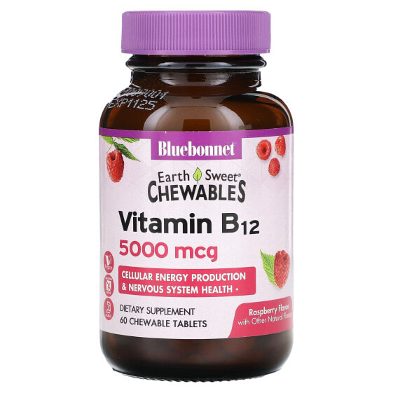 Витамин B12 жевательные таблетки Bluebonnet Nutrition Himичные малина, 5 000 mcg, 60 шт.