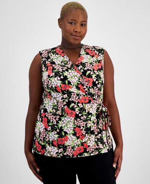 Plus size Printed Faux-Wrap Sleeveless Top, Created for Macy's