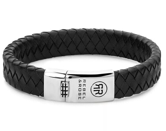 Black leather bracelet Braided Flat 925 Black RR-L0141-S