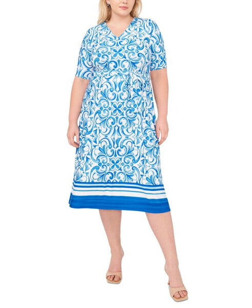 Plus Size Printed Border-Trim V-Neck Midi Dress