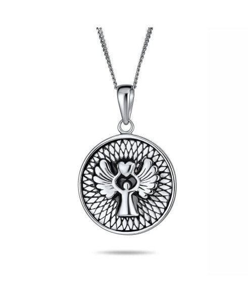 Bling Jewelry round Medallion Disc Religious Reversible Two Sided Protection Engraved Prayer Guardian Angel Medal Pendant Necklace For Women .925 Sterling Silver
