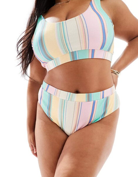 Pieces Curve high waisted bikini bottom co-ord in multi stripe