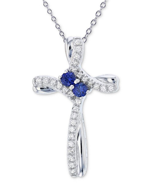 Lab Grown Blue Sapphire (1/5 ct. t.w.) & Lab Grown White Sapphire (1/6 ct. t.w.) Cross 18" Pendant Necklace in Sterling Silver