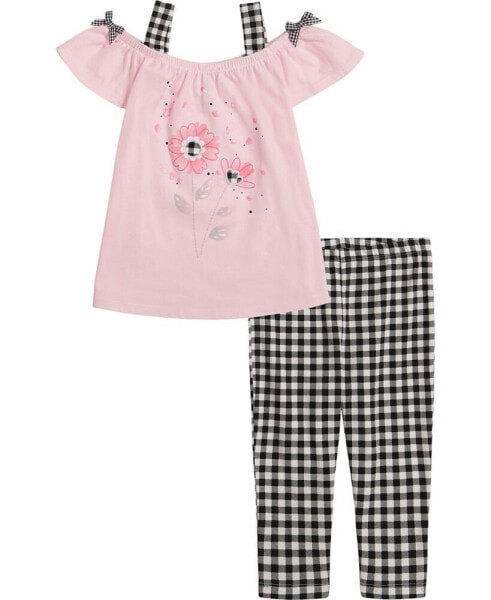 Toddler Girls Off-Shoulder A-Line Tunic Top and Check Capri Leggings, 2 Piece Set