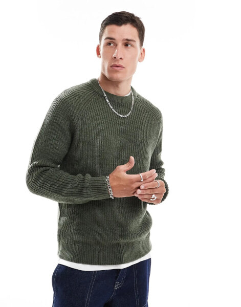 New Look fisherman crew neck jumper in dark khaki