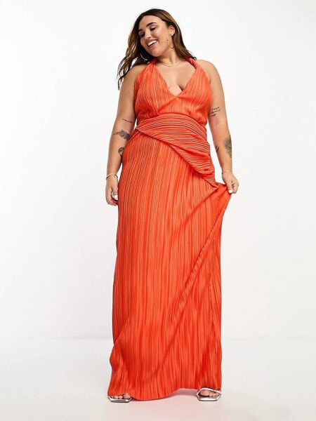 ASOS DESIGN Curve plunge halter cowl back plisse maxi dress in orange